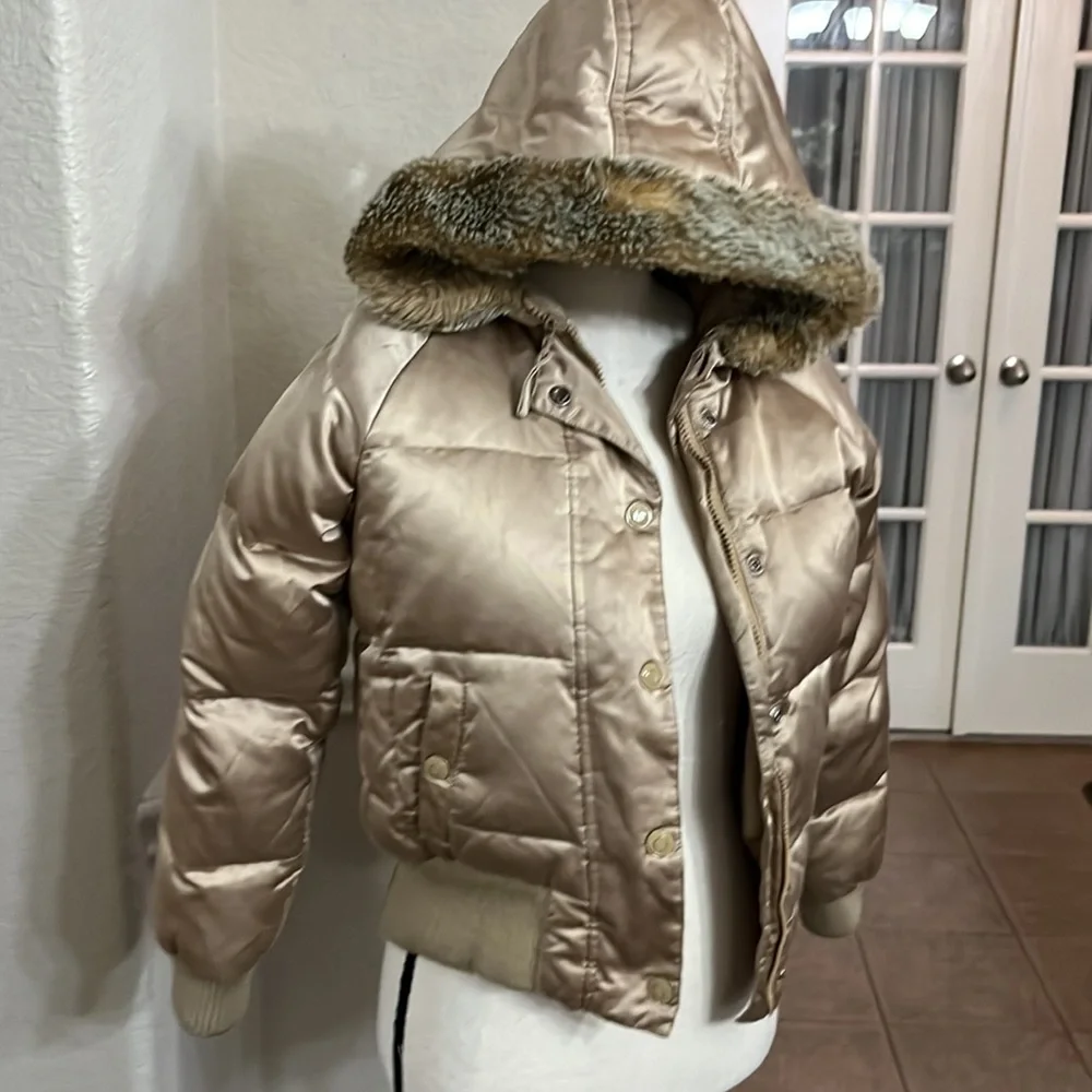 Old Navy tan/gold shiny puffer jacket with faux fur lined hood Size S
